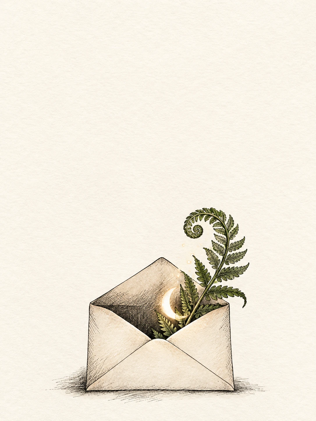 An open unmarked envelope releases a curling green fern and a small crescent of light.