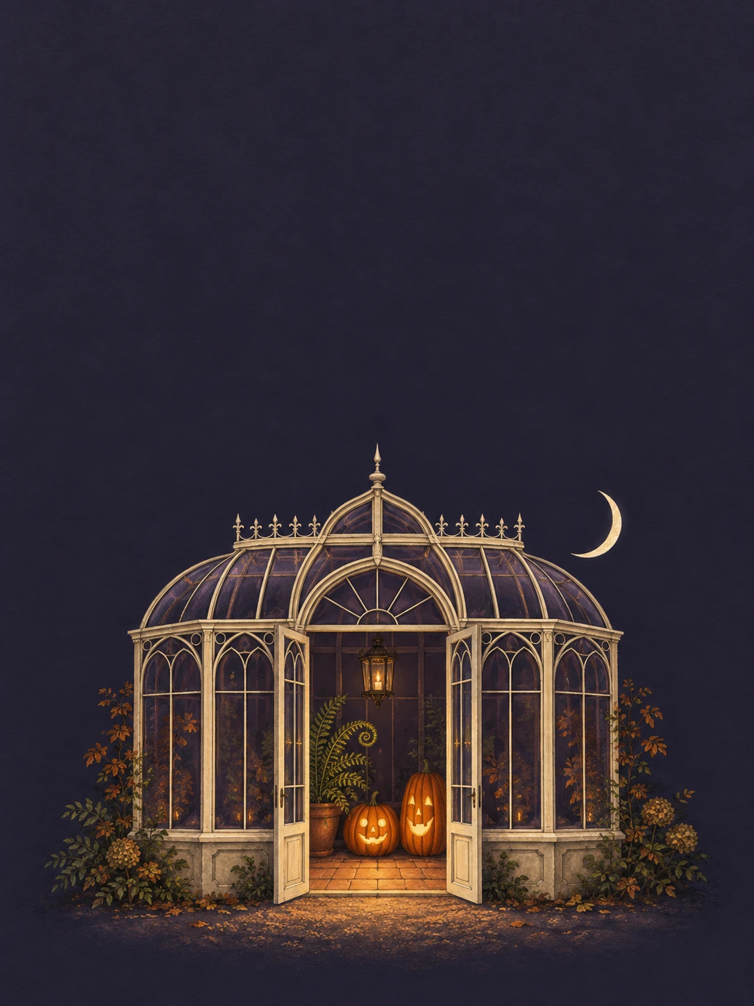 A moonlit arched greenhouse holds two glowing pumpkins and a fern on midnight indigo paper.