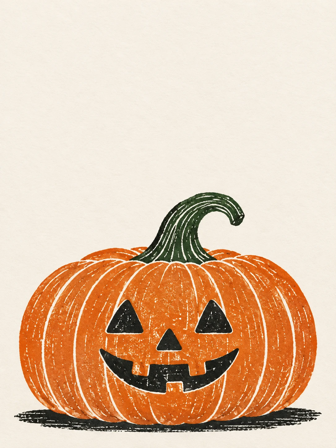 A squat orange pumpkin with a curved green stem and a friendly carved face in a two-ink print.