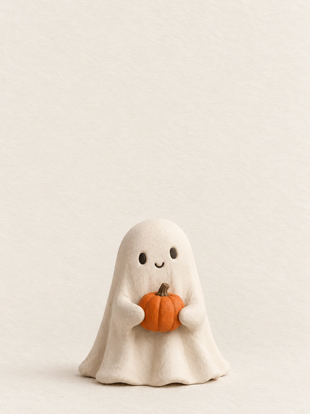 A small handmade ivory clay ghost holds a tiny orange pumpkin.