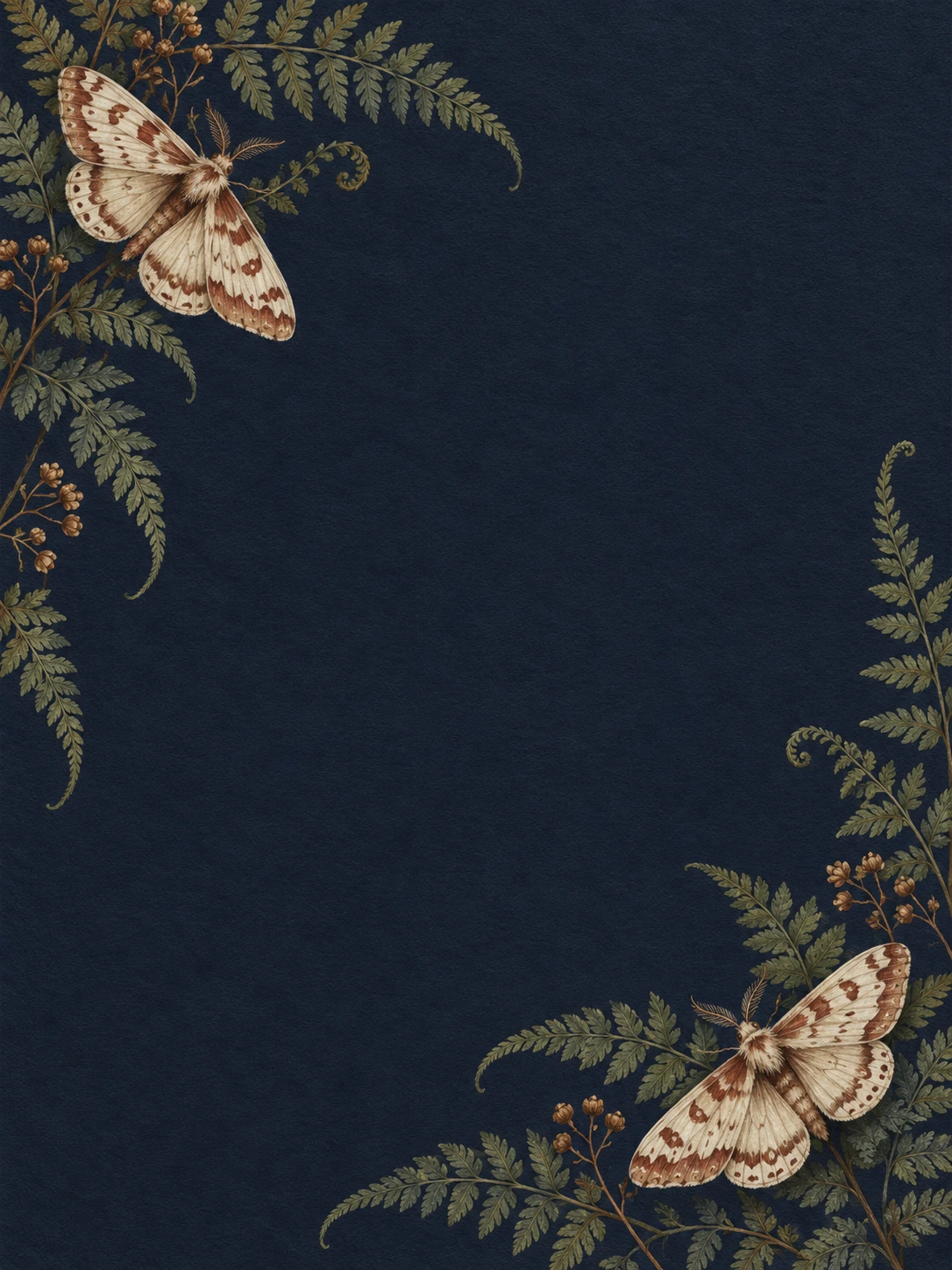 Cream-and-rust moths and sparse fern fronds decorate opposite corners of midnight paper.