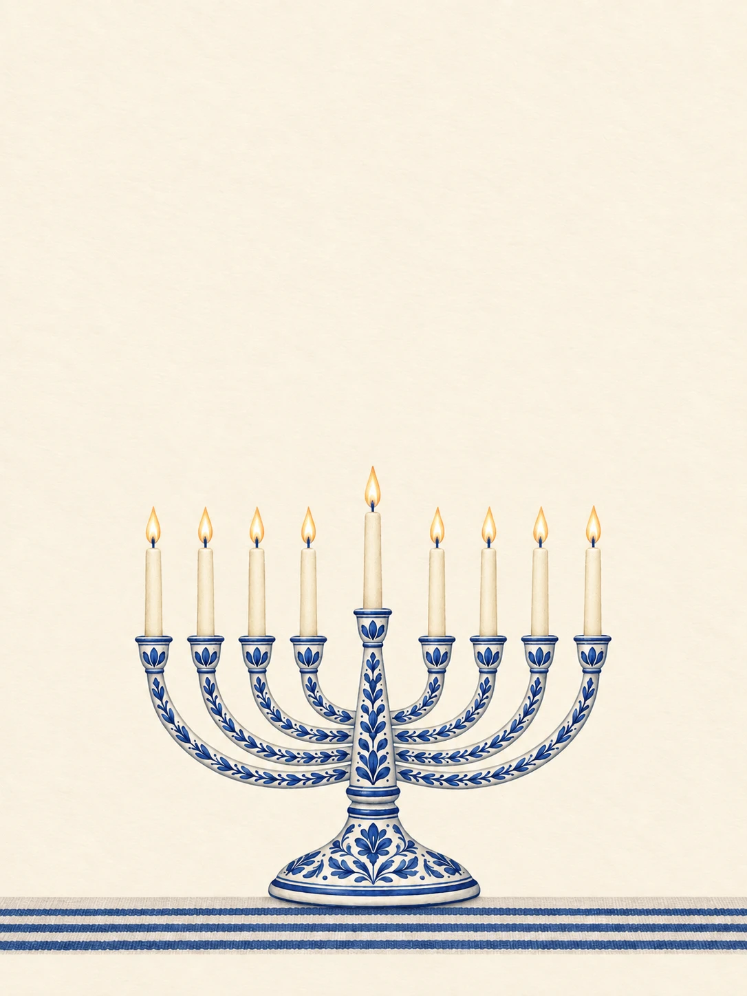 Cobalt ceramic Hanukkah menorah with eight level candles and a higher ninth shamash, on blue-striped linen.