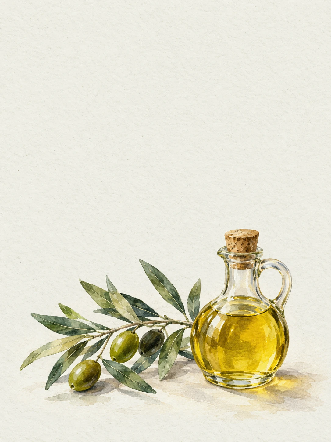A glass cruet of golden olive oil beside an olive branch on pale sage paper.