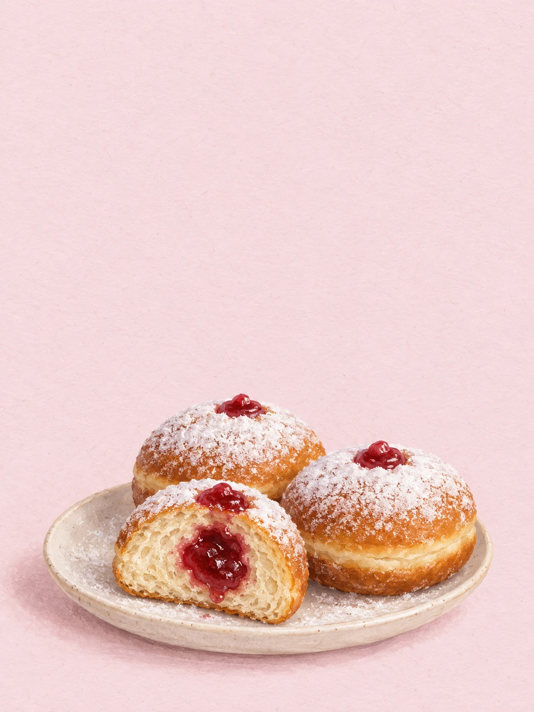 Jam-filled sufganiyot dusted with sugar on an ivory plate and blush paper.