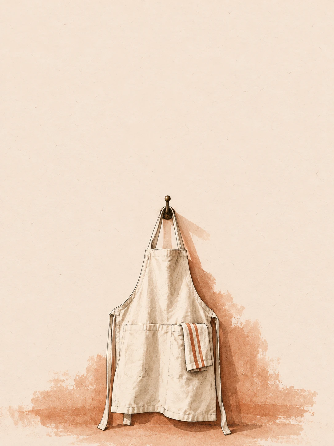An ivory work apron with a striped towel hangs from a brass hook.