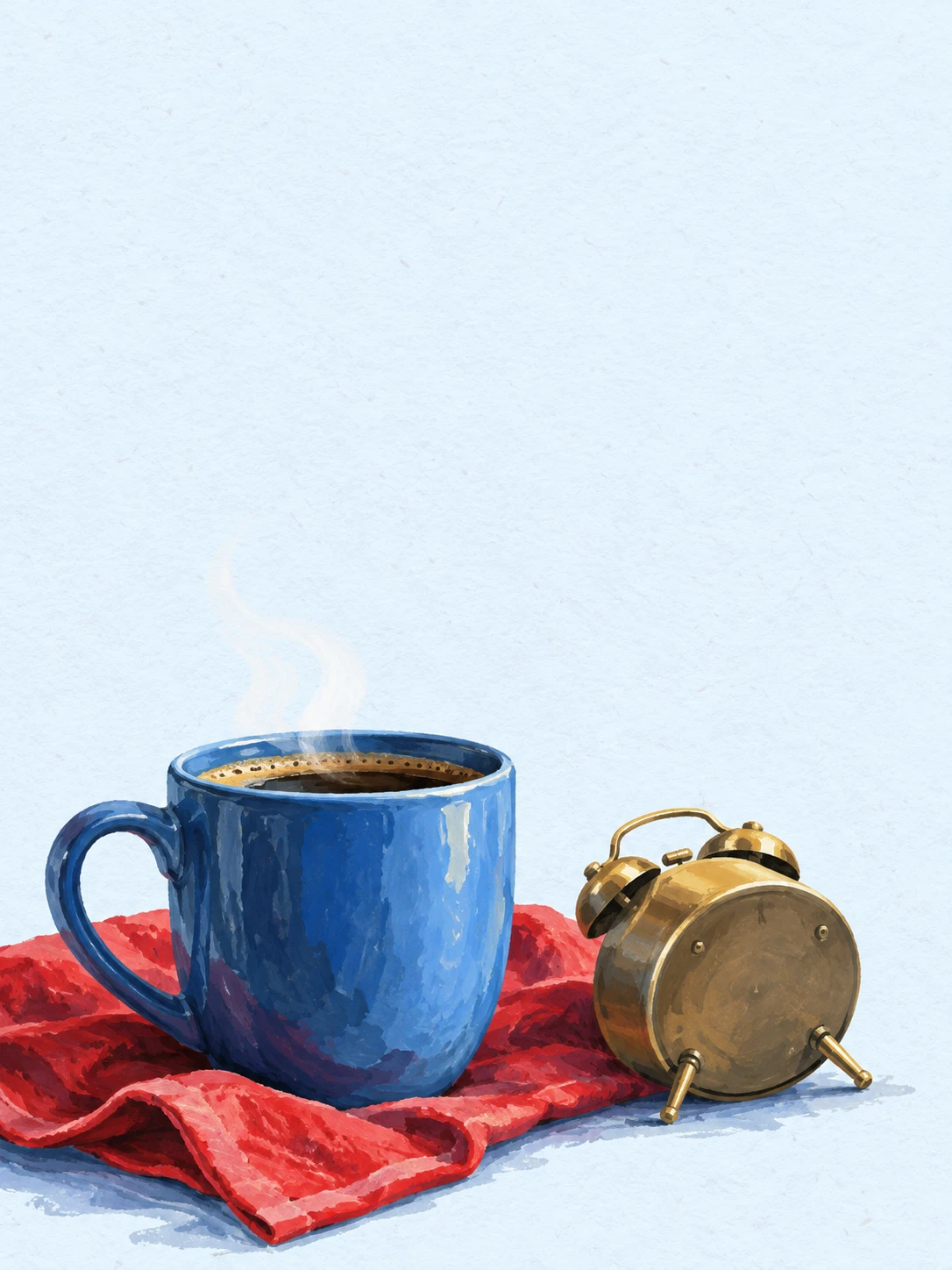 Blue coffee cup and a turned-away alarm clock rest on a red napkin.