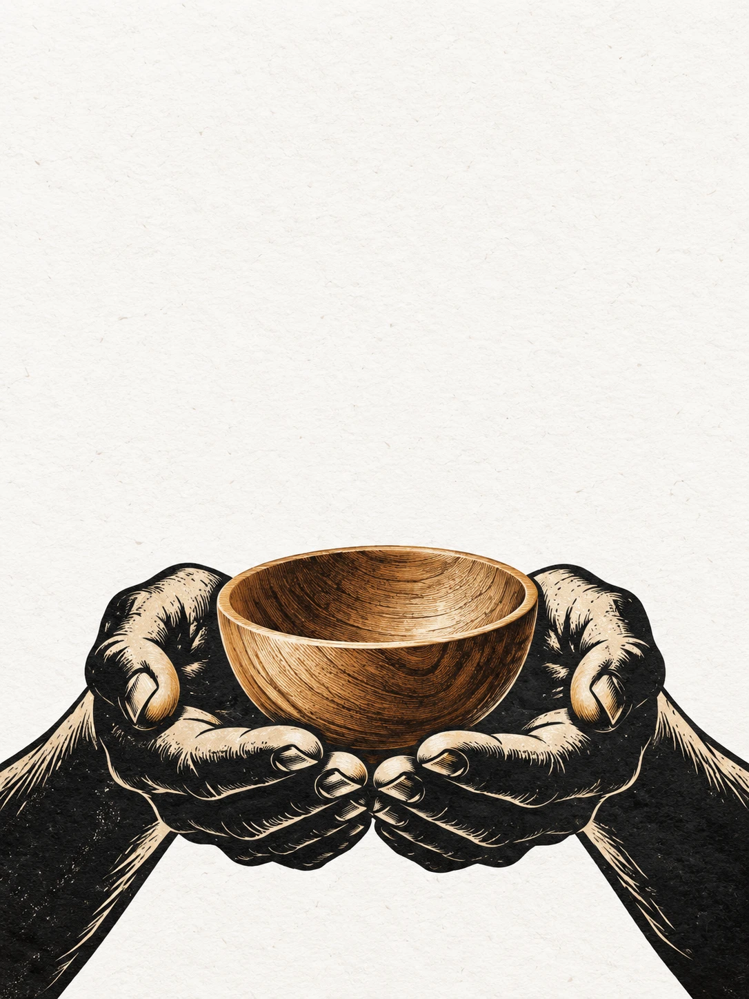 Two hands hold a warm wooden bowl in a bold black linocut illustration.