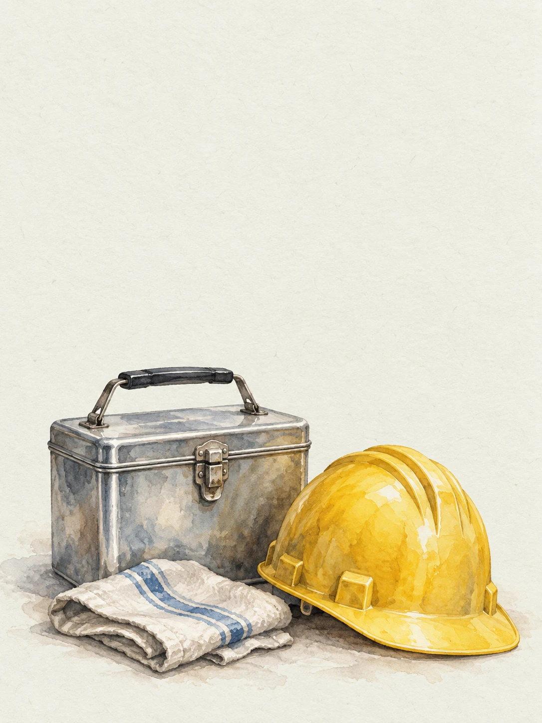 A steel lunch pail, yellow hard hat and folded striped cloth in watercolor.