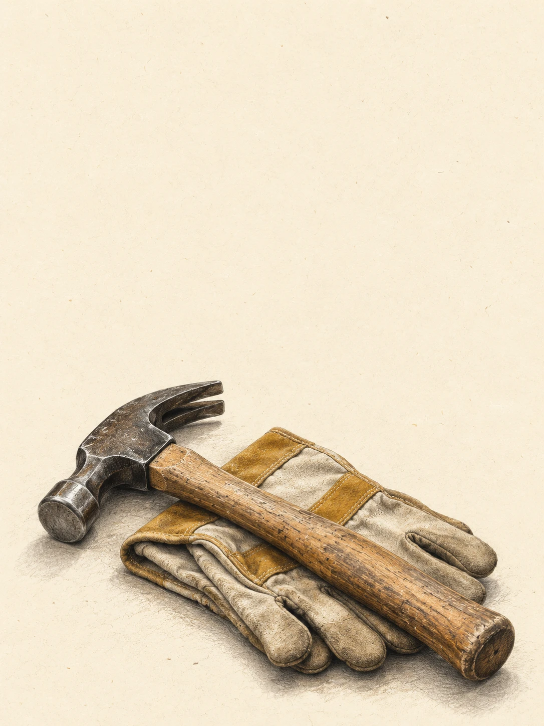 A worn wooden-handled hammer rests diagonally on canvas work gloves.