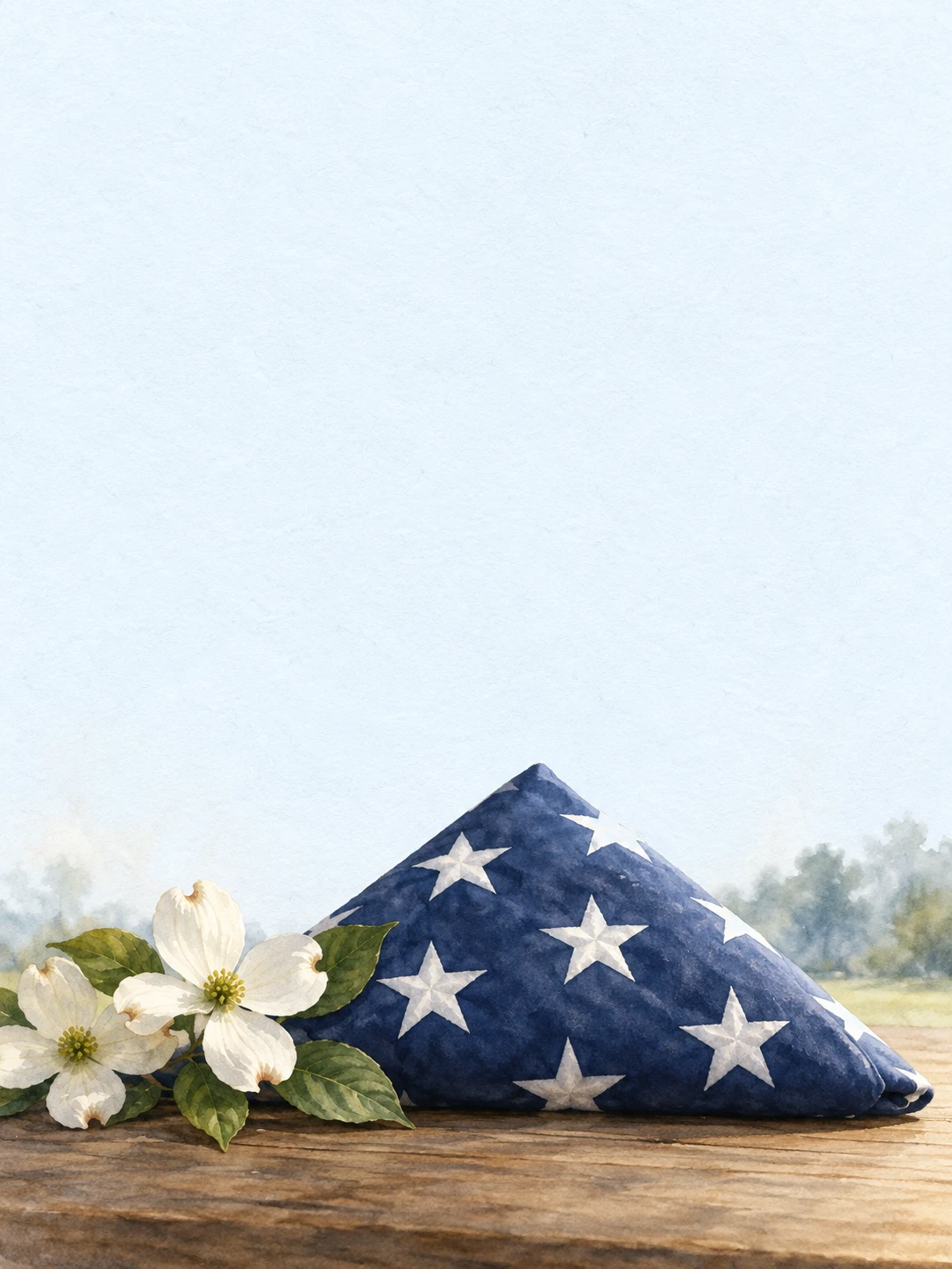 A folded blue memorial flag rests beside white blossoms on a wooden surface.
