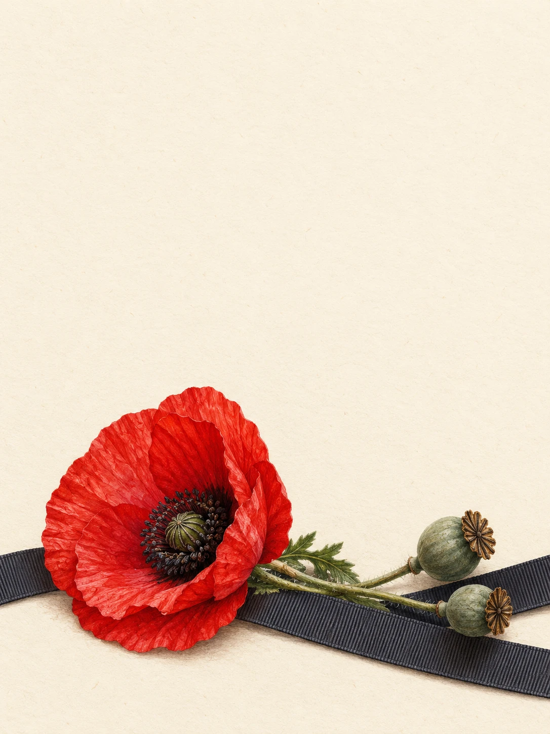 Red remembrance poppy and two seed heads resting on a charcoal ribbon.