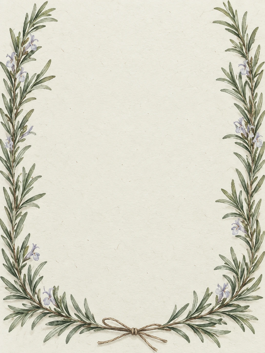 Two airy rosemary branches with pale flowers are tied below an open sage center.