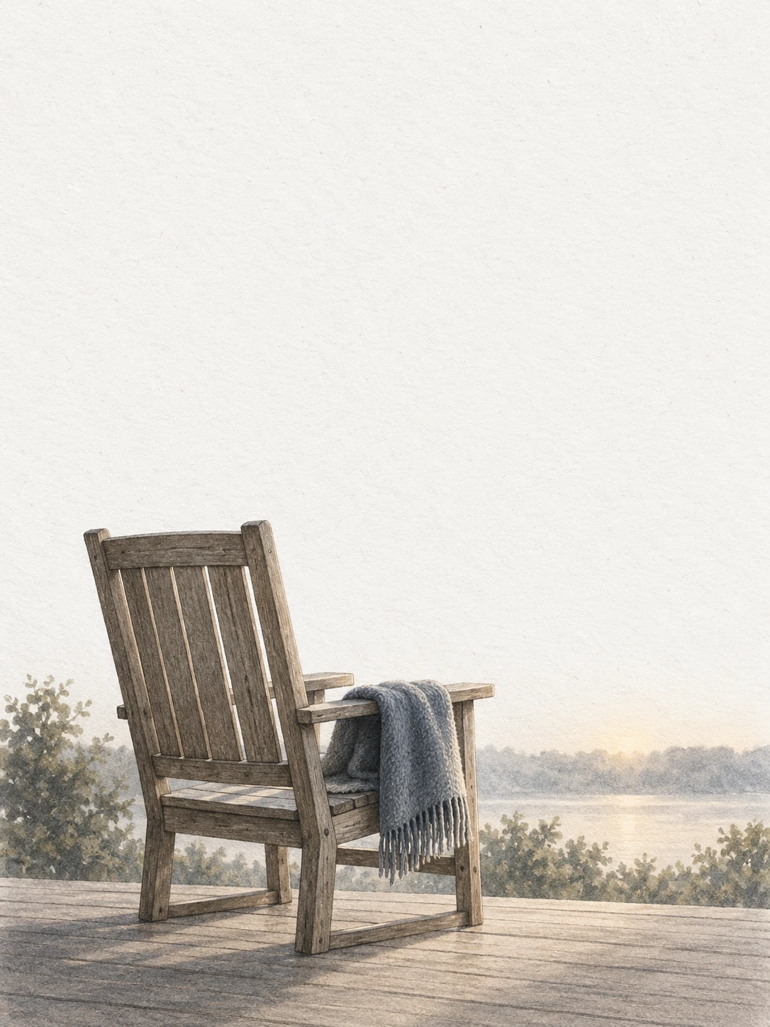 An empty wooden chair with a folded gray blanket overlooks a quiet shoreline.