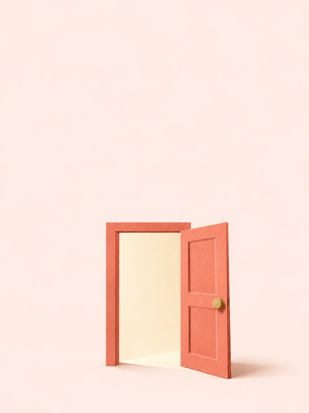 A coral paper doorway opens onto a warm cream plane with a shallow soft shadow.