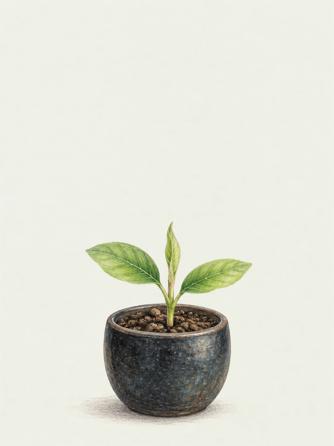 A young green seedling with a folded new shoot grows from a small dark ceramic pot.