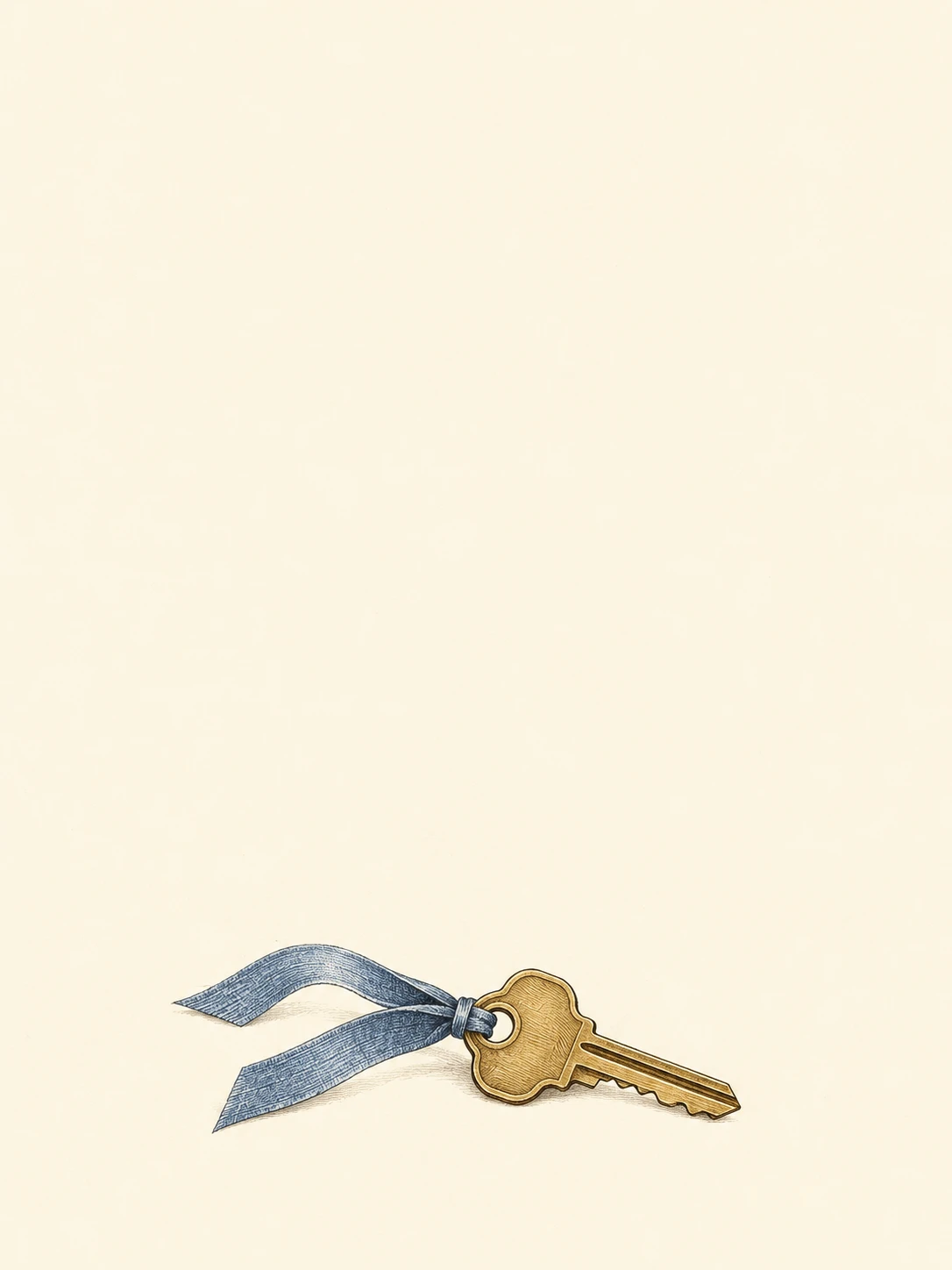 An engraved brass house key is tied with a muted blue ribbon against warm ivory paper.