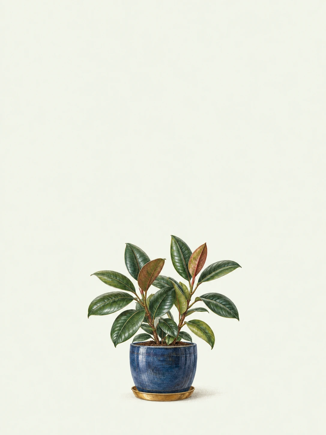 A flourishing rubber plant grows from a broad indigo pot with a shallow brass saucer.