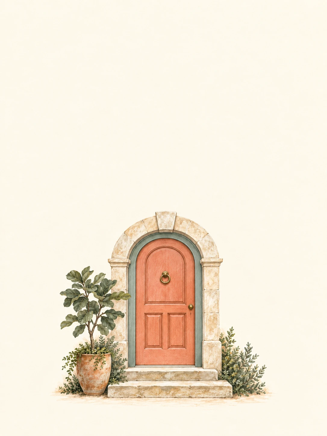 A peach arched doorway with a brass knocker, potted fig and pale stone steps on ivory paper.