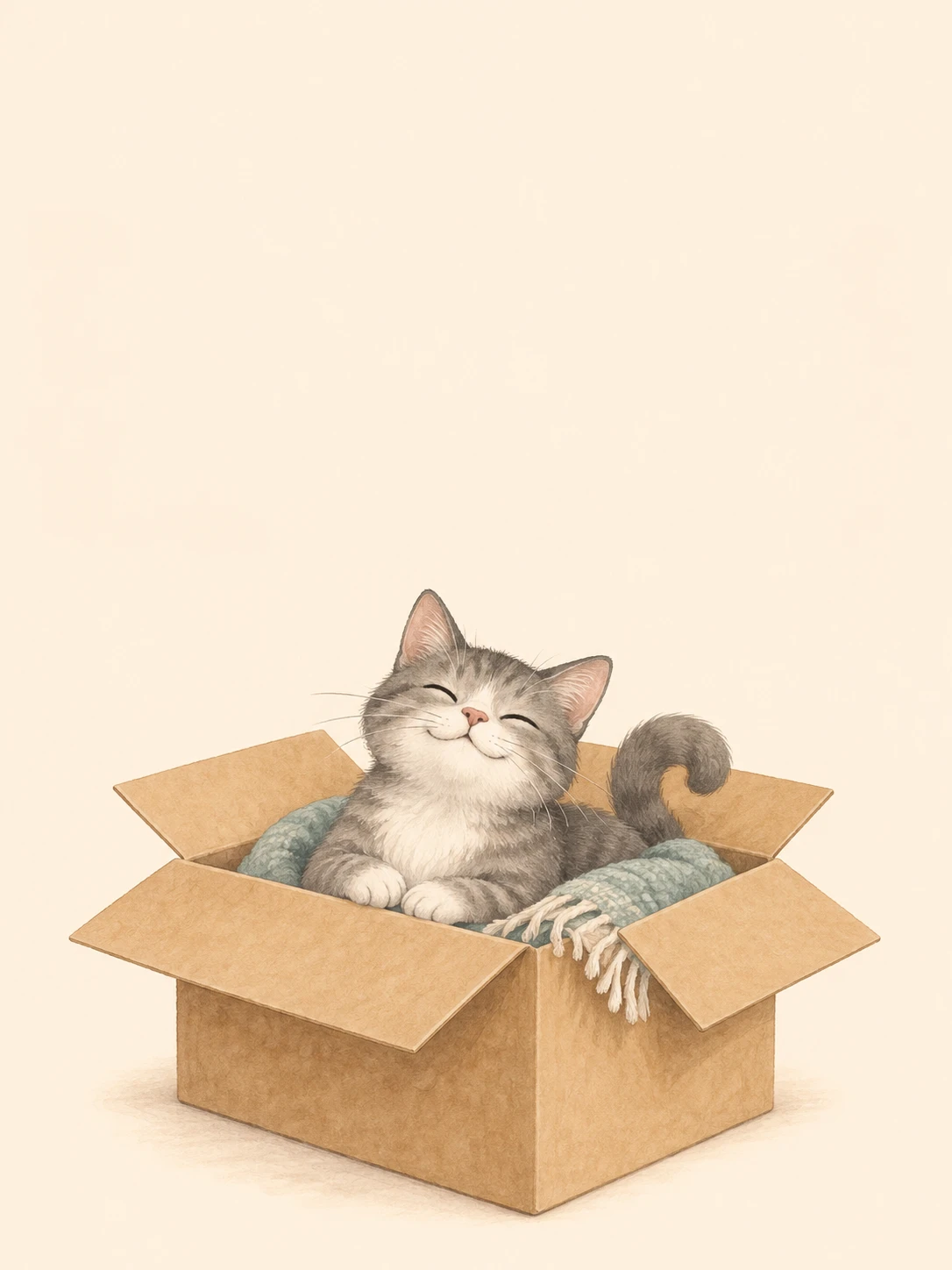 A contented gray cat curls inside an open moving box with a soft green blanket.