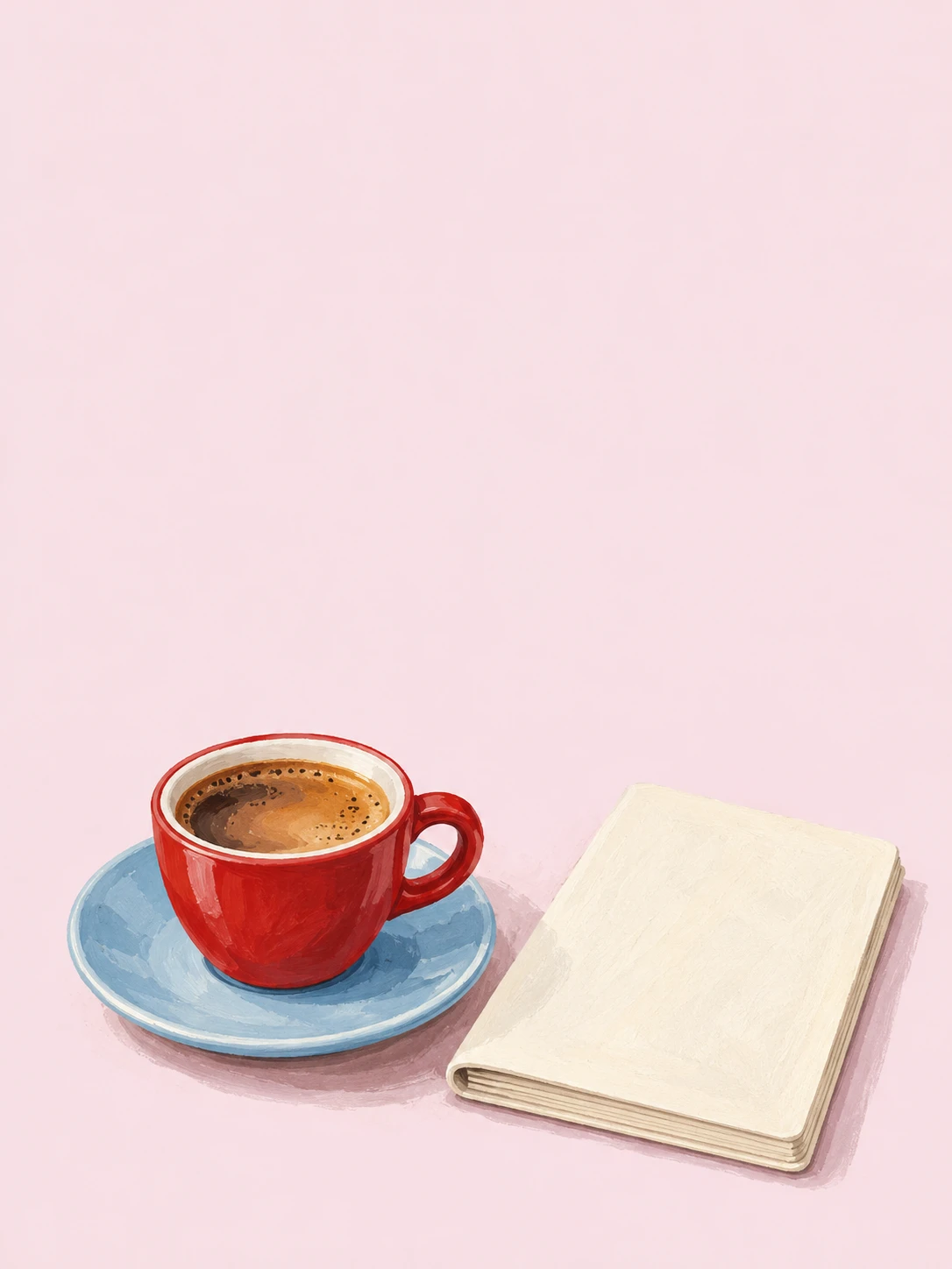 A red coffee cup on a blue saucer beside a closed cream notebook, painted on pale pink paper.