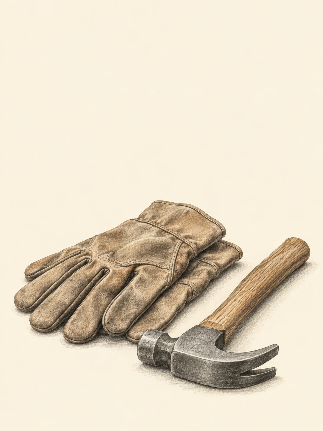 Textured leather work gloves beside a wooden-handled hammer, drawn in warm graphite.