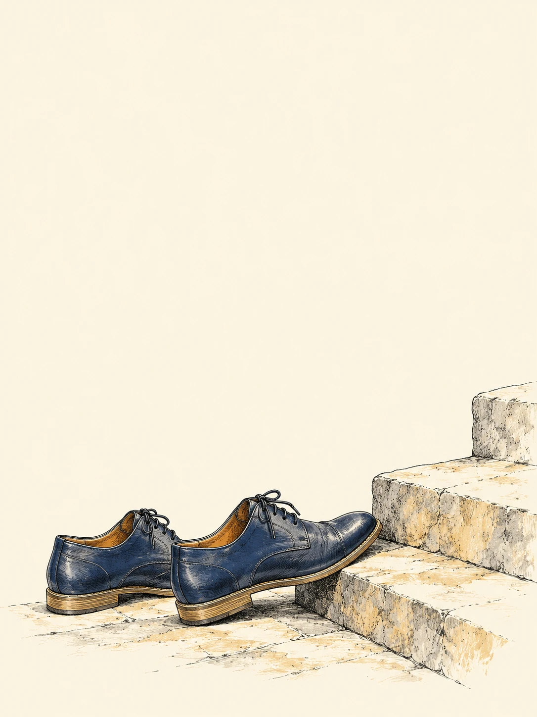 Everyday shoes beside a short stone staircase, drawn in navy ink with a warm ochre accent.