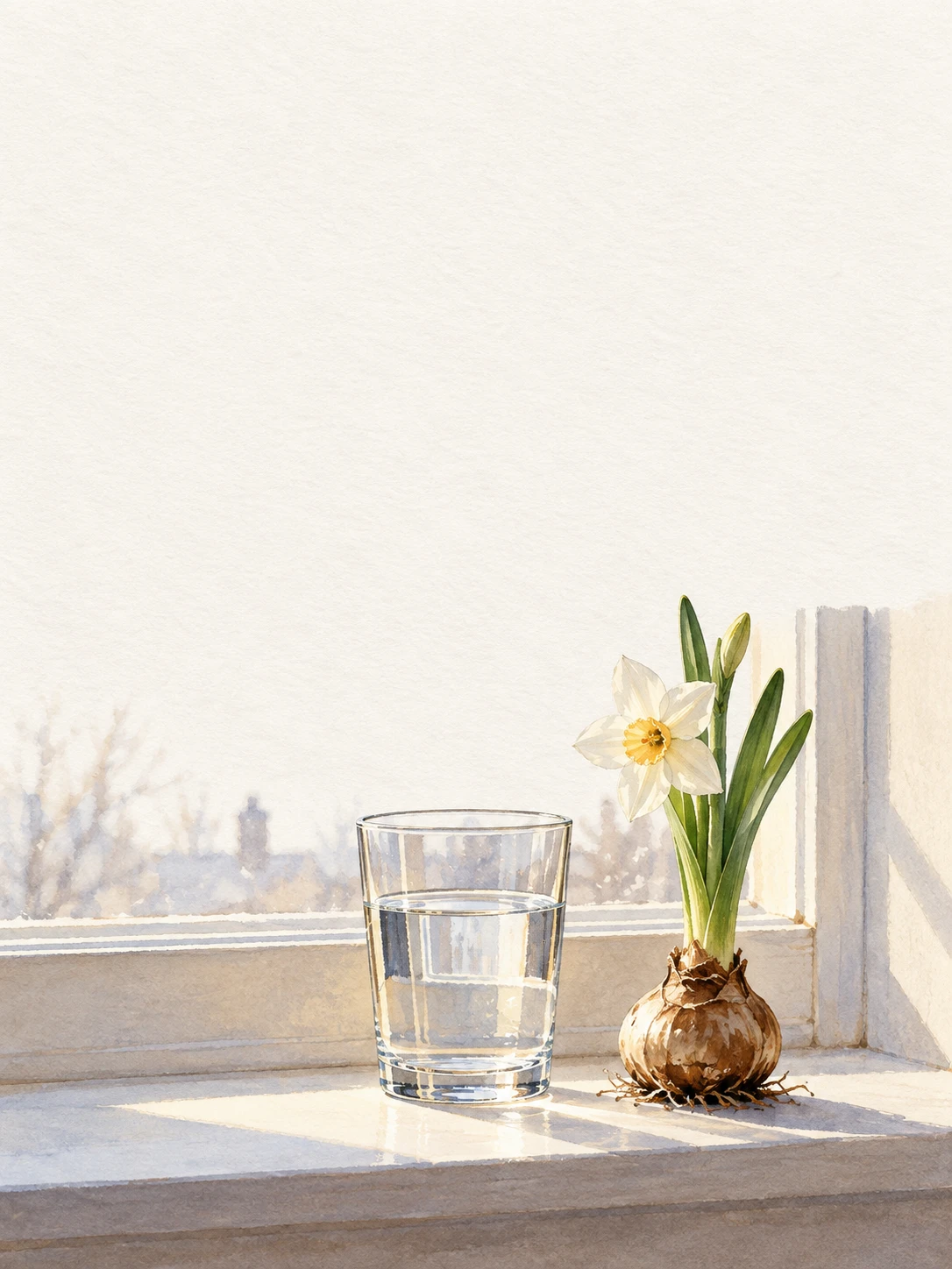 A clear glass of water and a flowering narcissus bulb on a sunlit winter windowsill.
