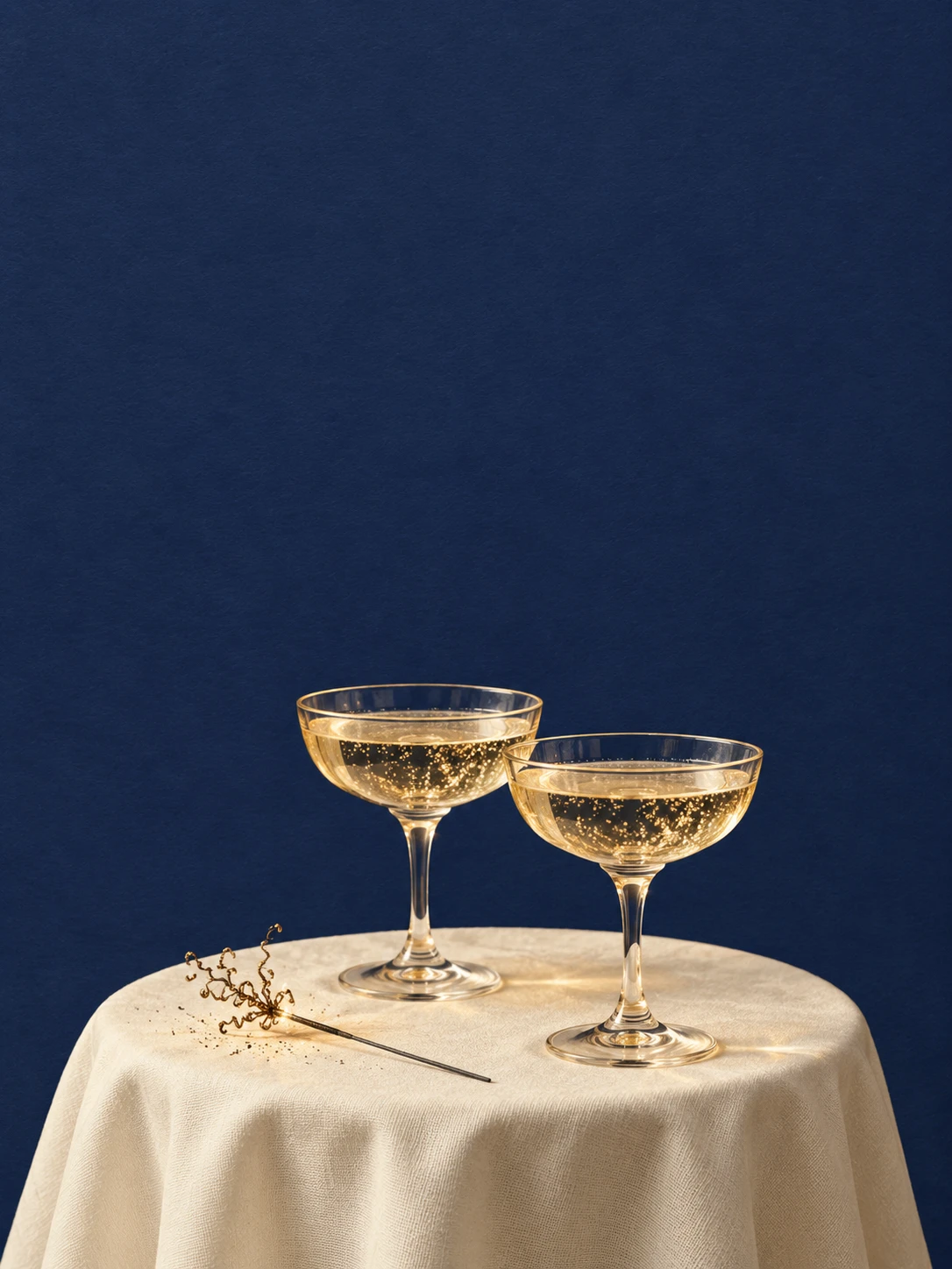 Two golden coupe glasses and a spent sparkler on an ivory table against midnight blue paper.