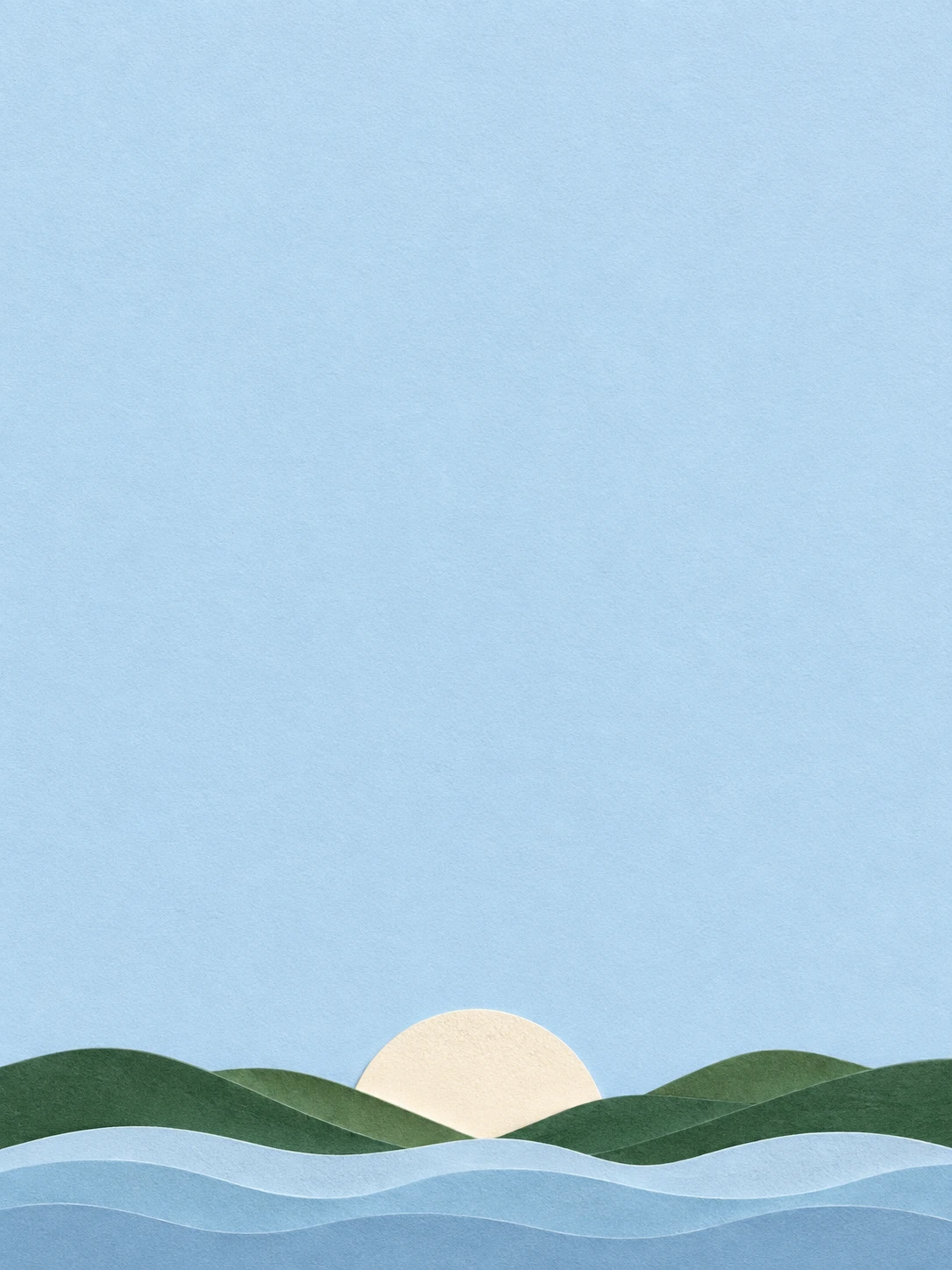 Layered blue paper waves, green hills and an ivory rising sun on powder-blue paper.