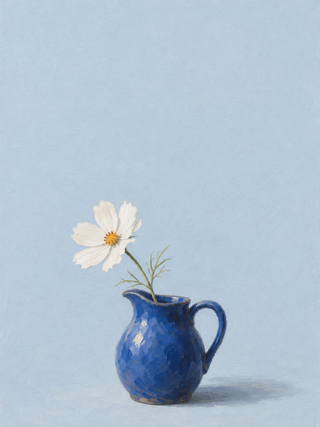 A cobalt-blue jug holds a single white cosmos flower in a small oil study.