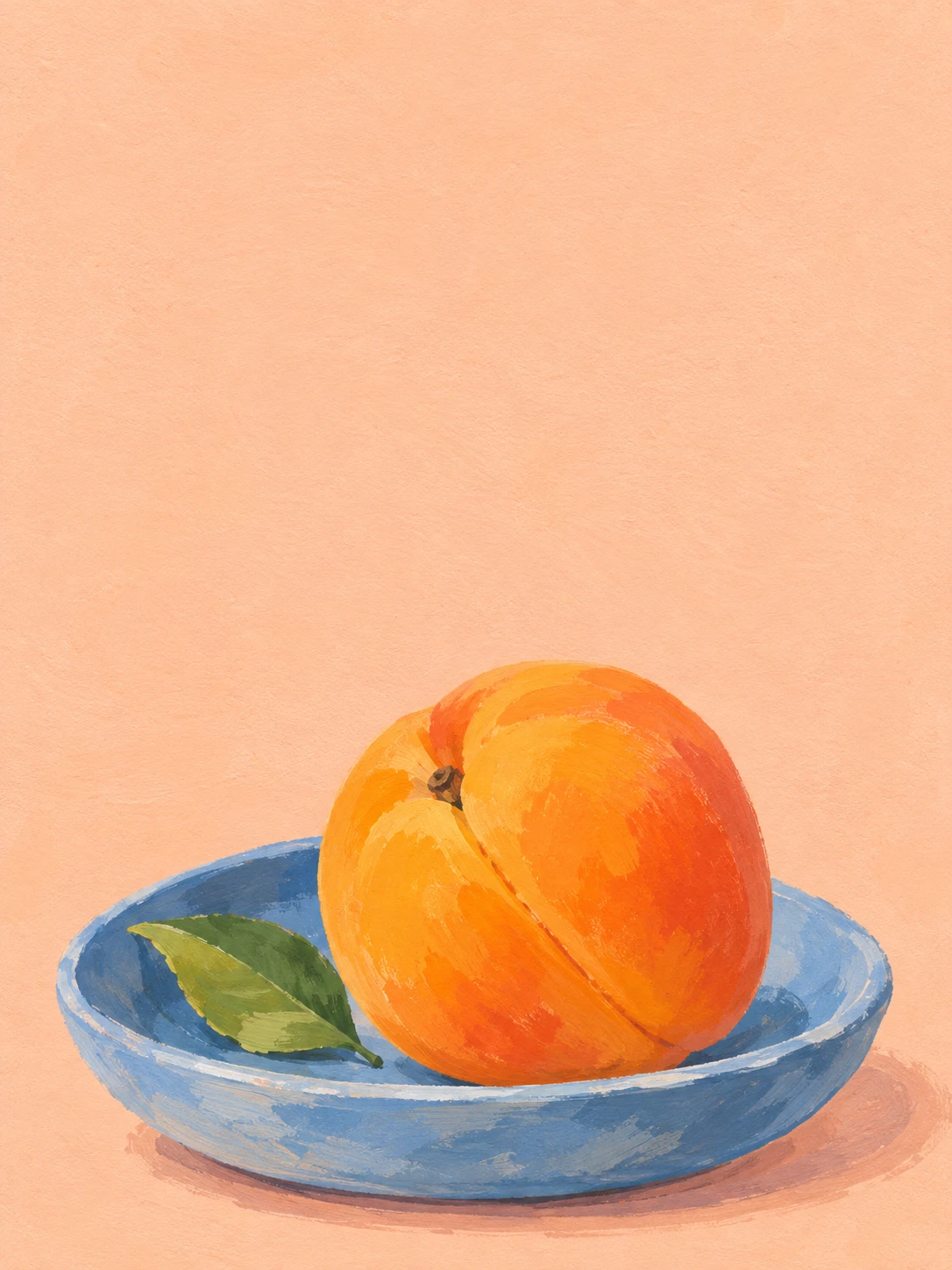 A bright orange apricot and a small green leaf rest in a shallow blue dish.