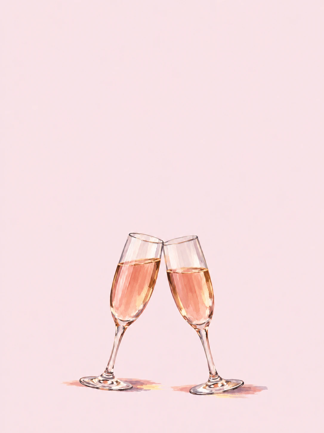 Two gently tilted glasses hold a pale pink toast above a softly painted rose background.