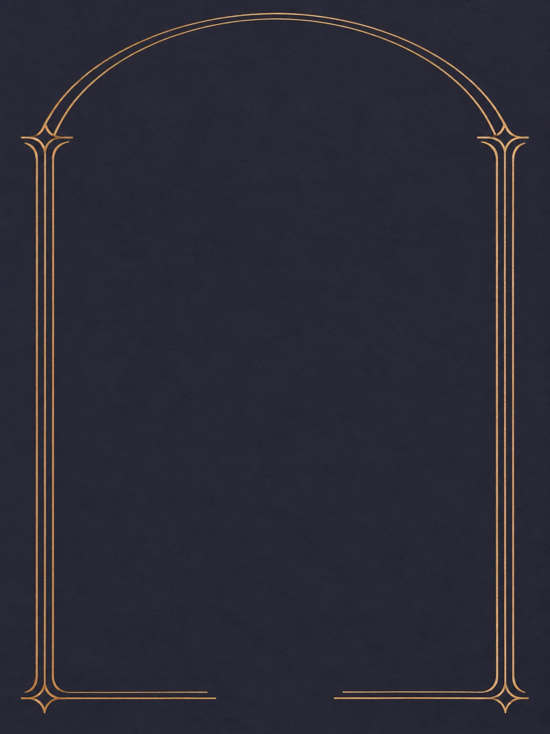 Fine golden architectural lines form a tall open arch against textured midnight blue paper.