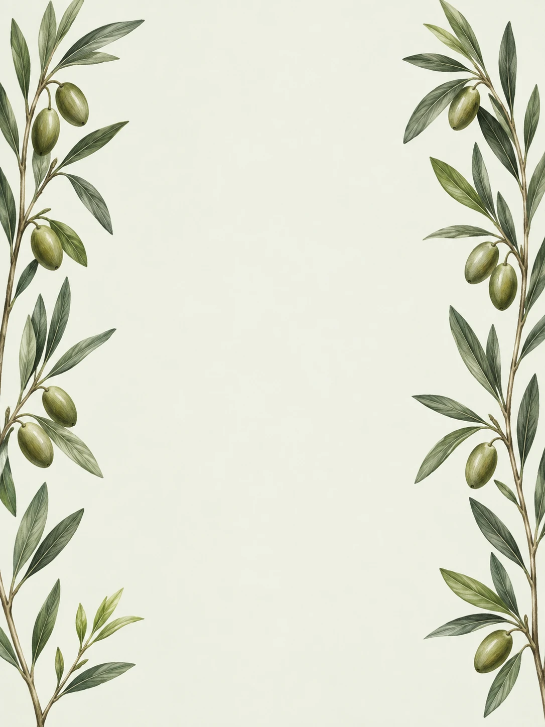 Slender olive branches rise along the sides of a soft green card with airy fresh leaves.