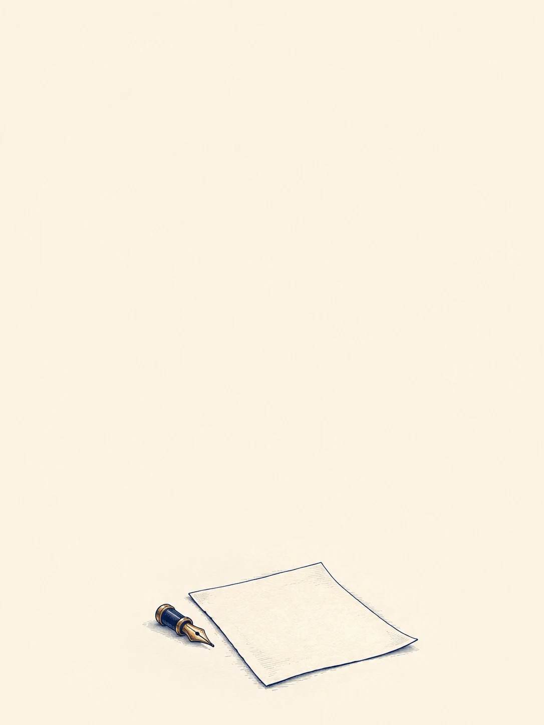 A fountain-pen nib and a blank cream sheet are drawn in navy ink with a small brass accent.