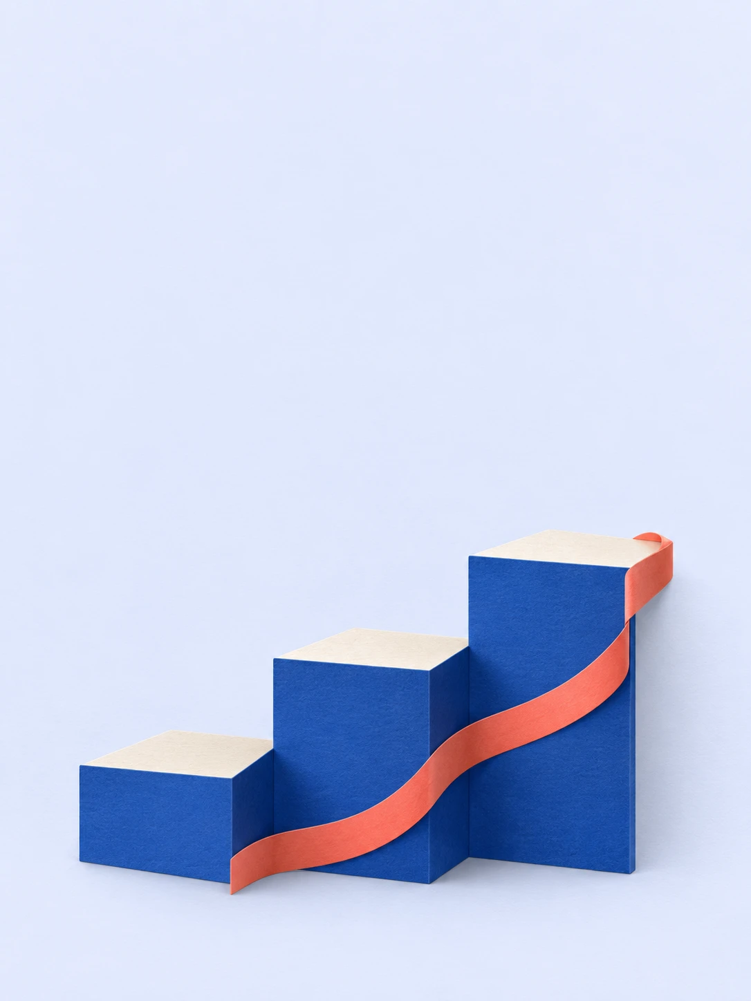 Cobalt folded-paper steps rise beside a slim coral ribbon on a pale blue background.
