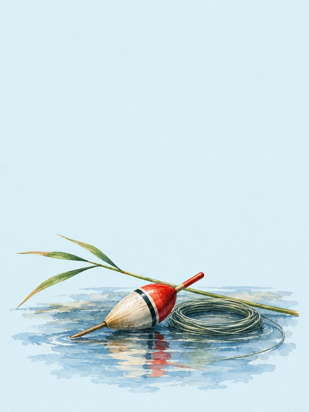 A fishing float rests beside a coiled line and a slender reed in a gentle blue watercolor study.
