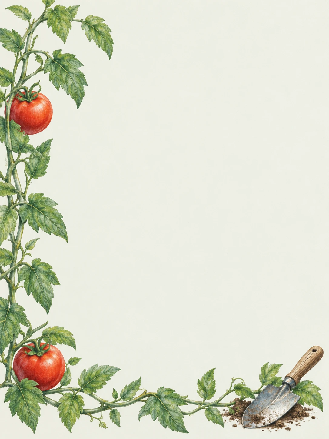 A detailed tomato vine grows along the card edges beside a small wooden-handled garden trowel.