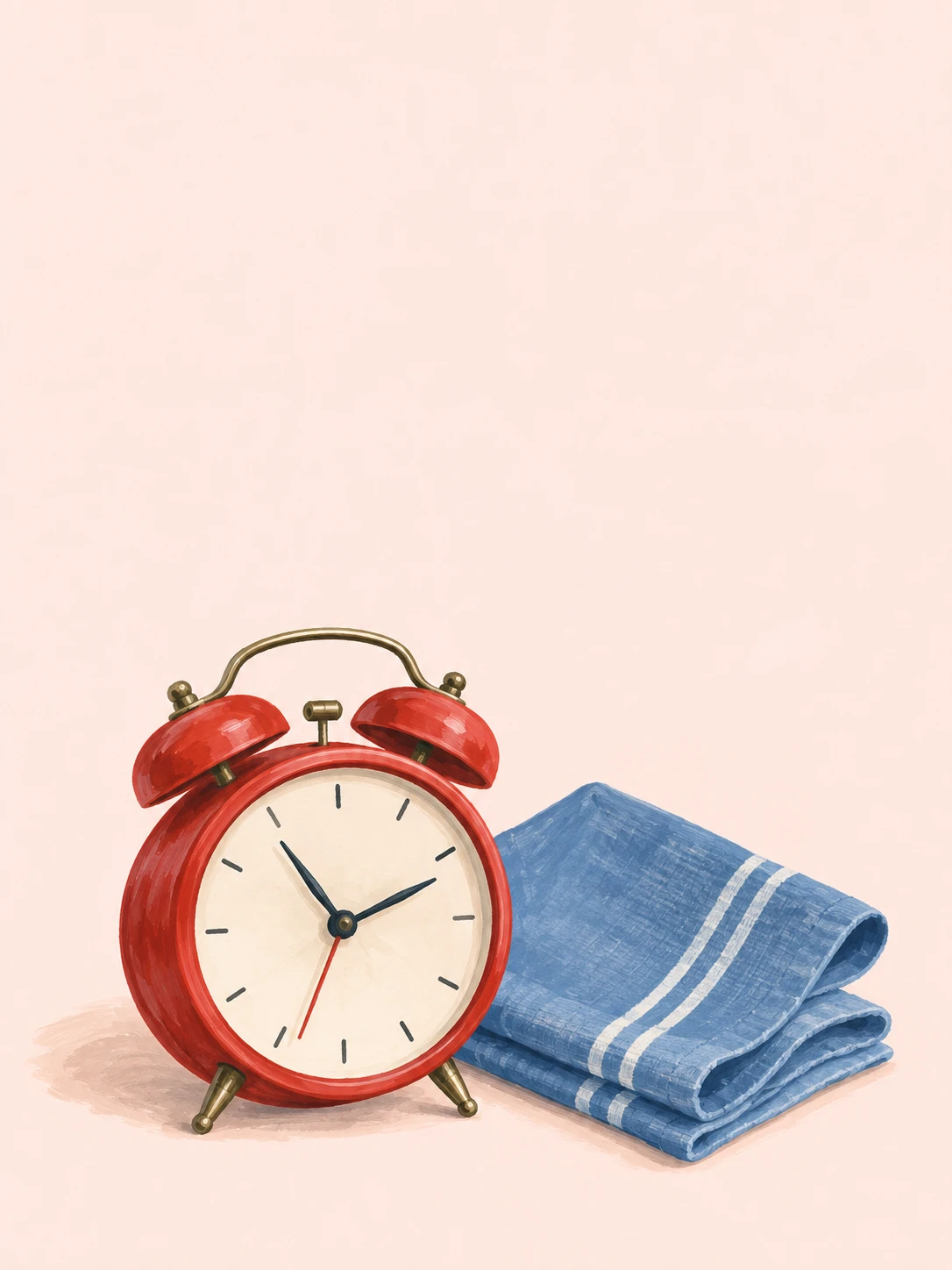 A red alarm clock stands beside a folded blue cloth, painted on a pale peach background.