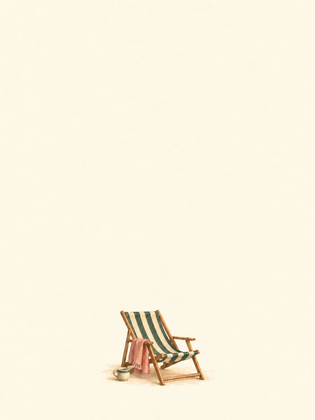 A small green striped deckchair holds a coral throw beside a ceramic cup on ivory paper.