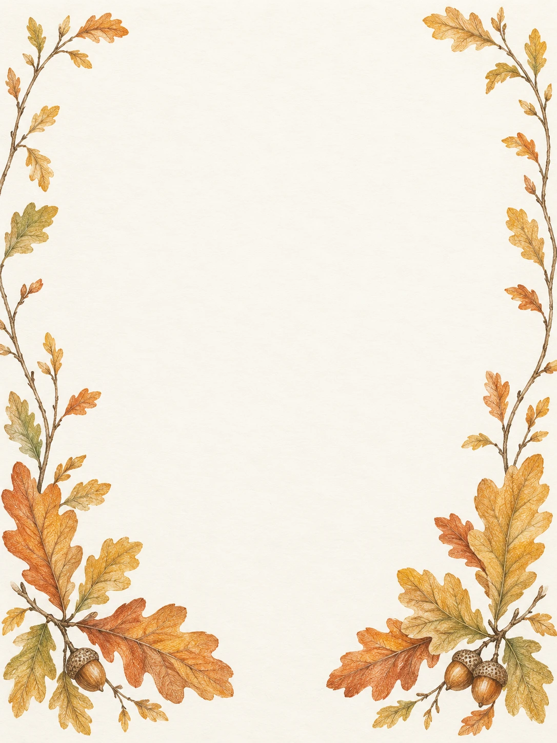 Ochre oak leaves and acorns form an airy botanical border on ivory paper.