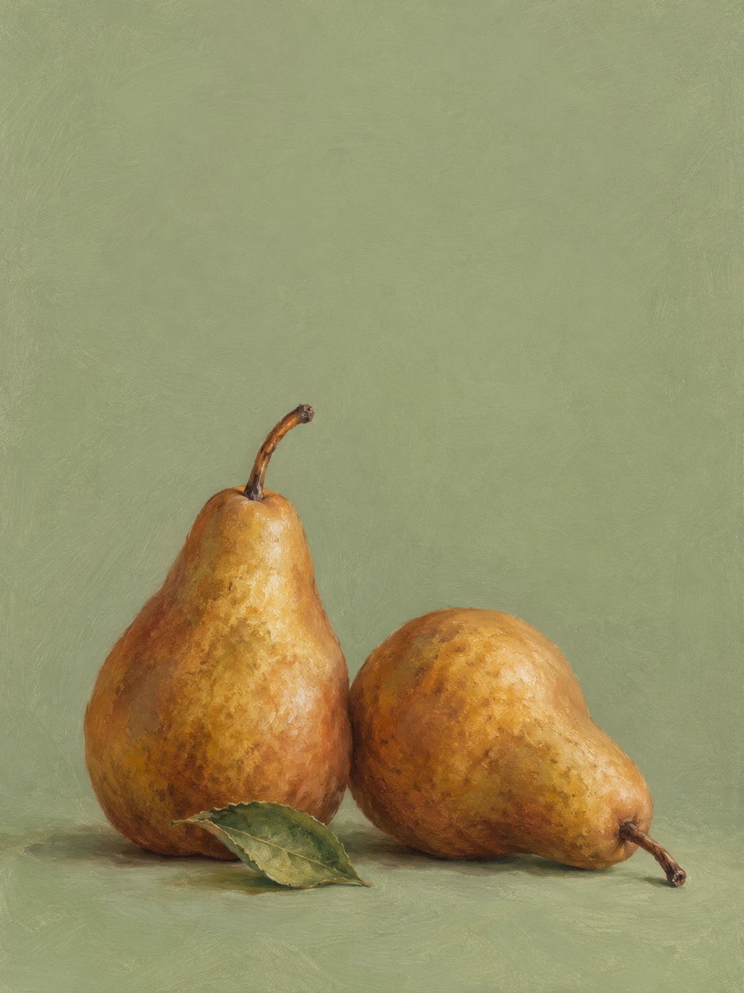 Two ripe russet pears and a small leaf in a painterly still life on sage paper.