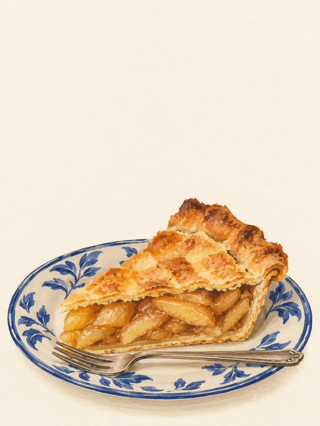A slice of apple pie sits on a blue-and-cream plate beside a small fork.