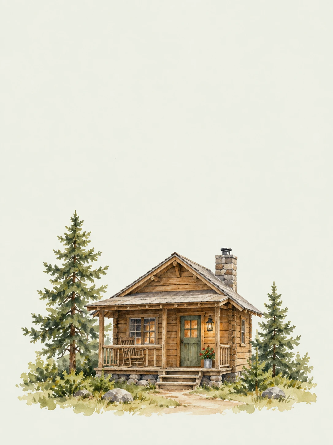 A small wood cabin stands between two pine trunks in a gentle green watercolor vignette.