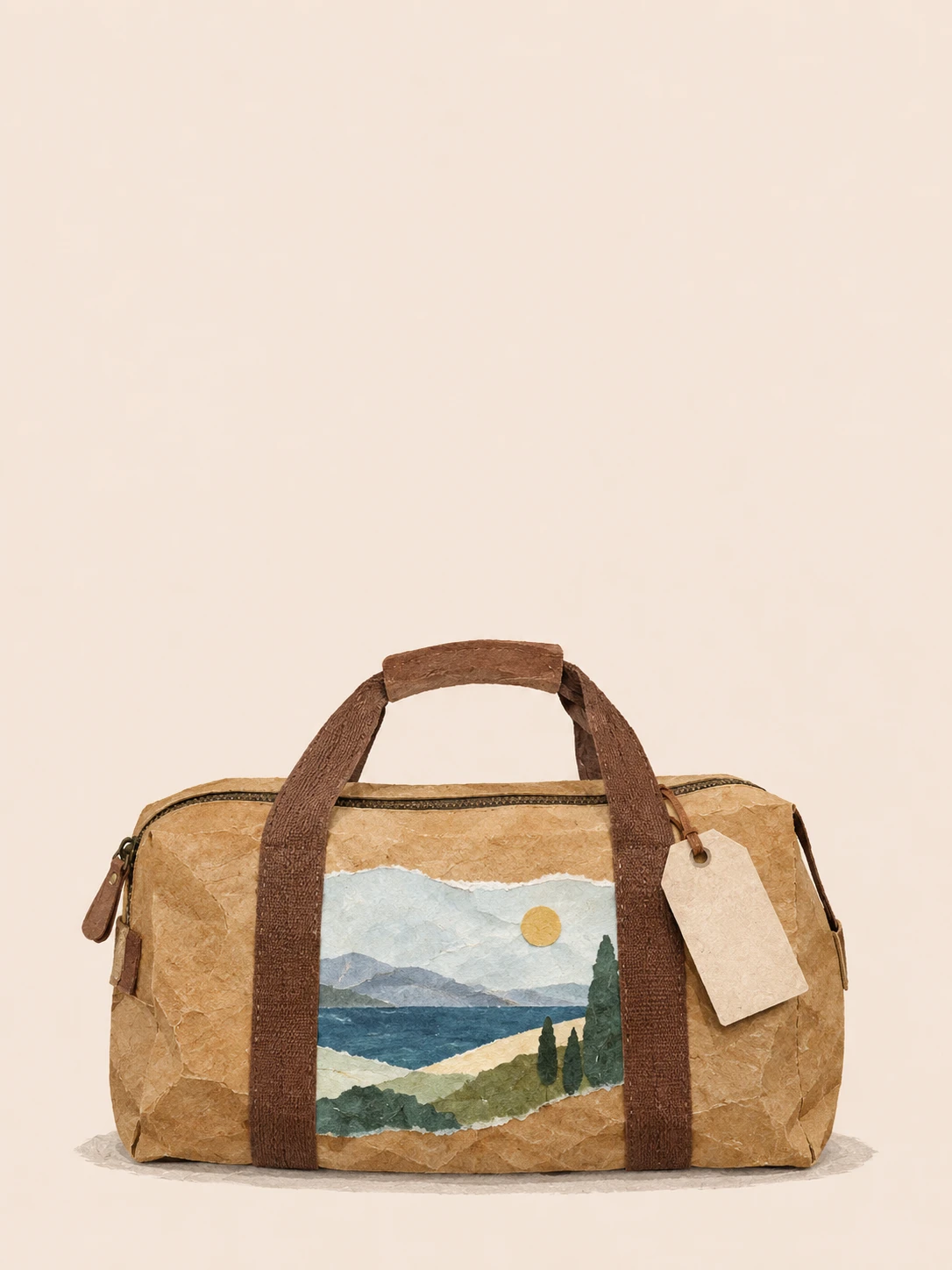 A tan travel bag carries an original painted landscape patch and a small blank tag.