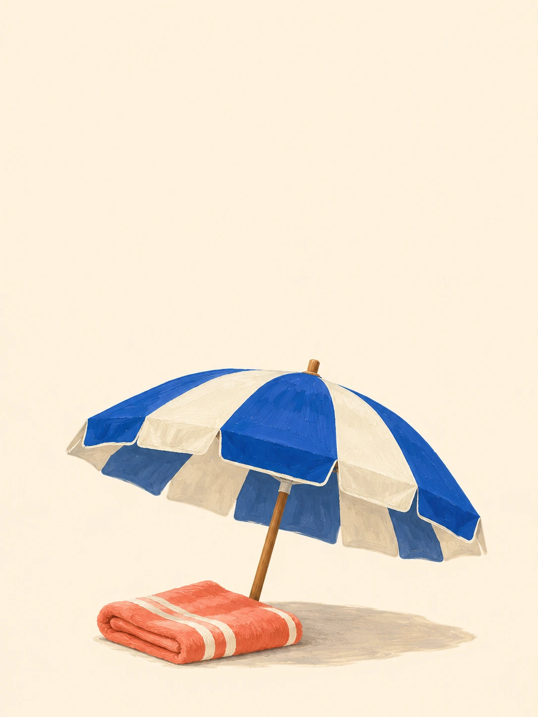 A blue and cream striped beach umbrella shades a folded coral towel on warm paper.
