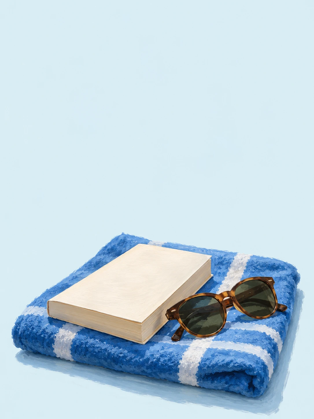 A blank paperback and sunglasses rest on a folded blue swimming towel in a painted still life.