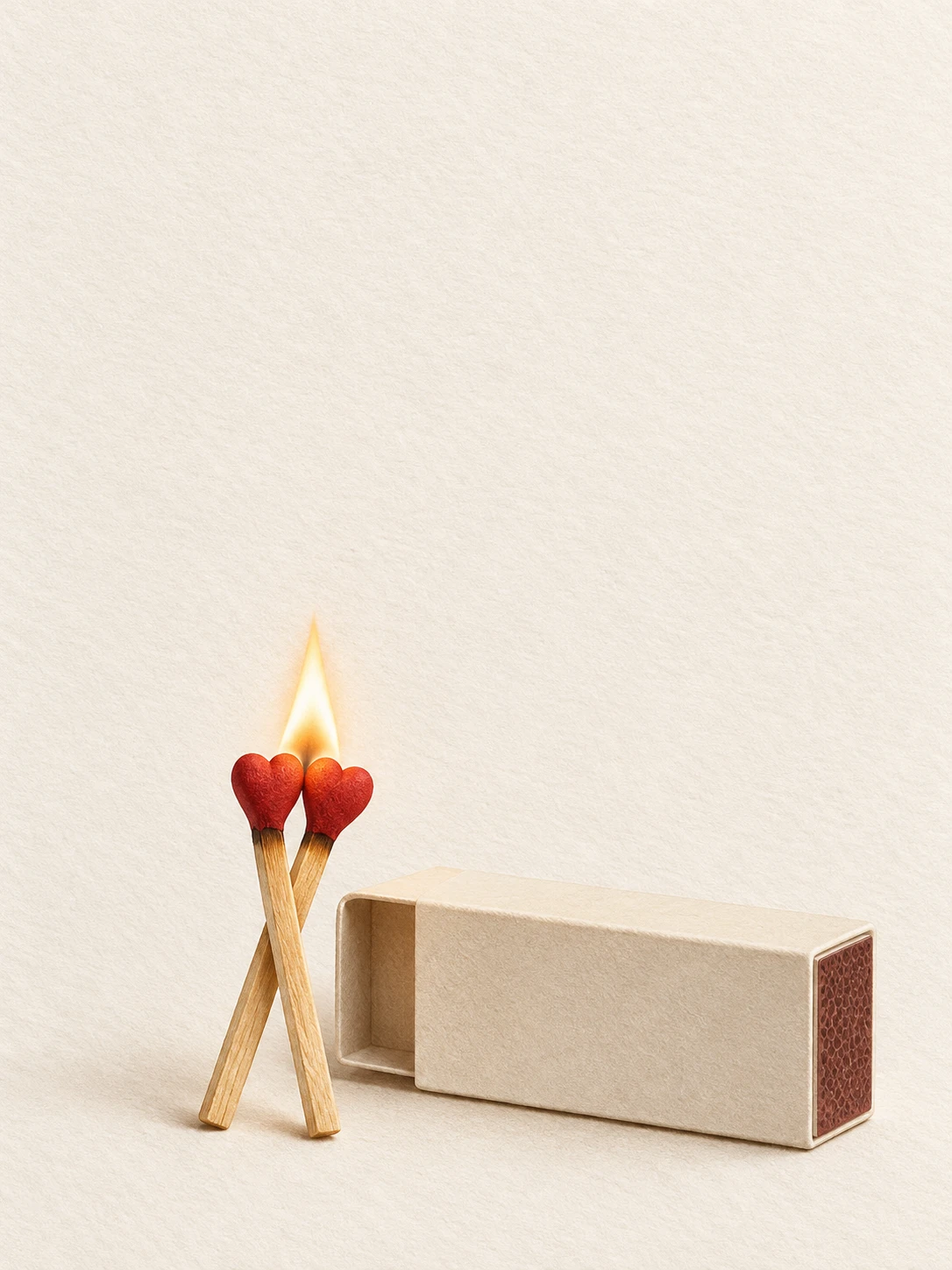 Two crossed heart-tipped matches share a small flame beside an unmarked cream matchbox.