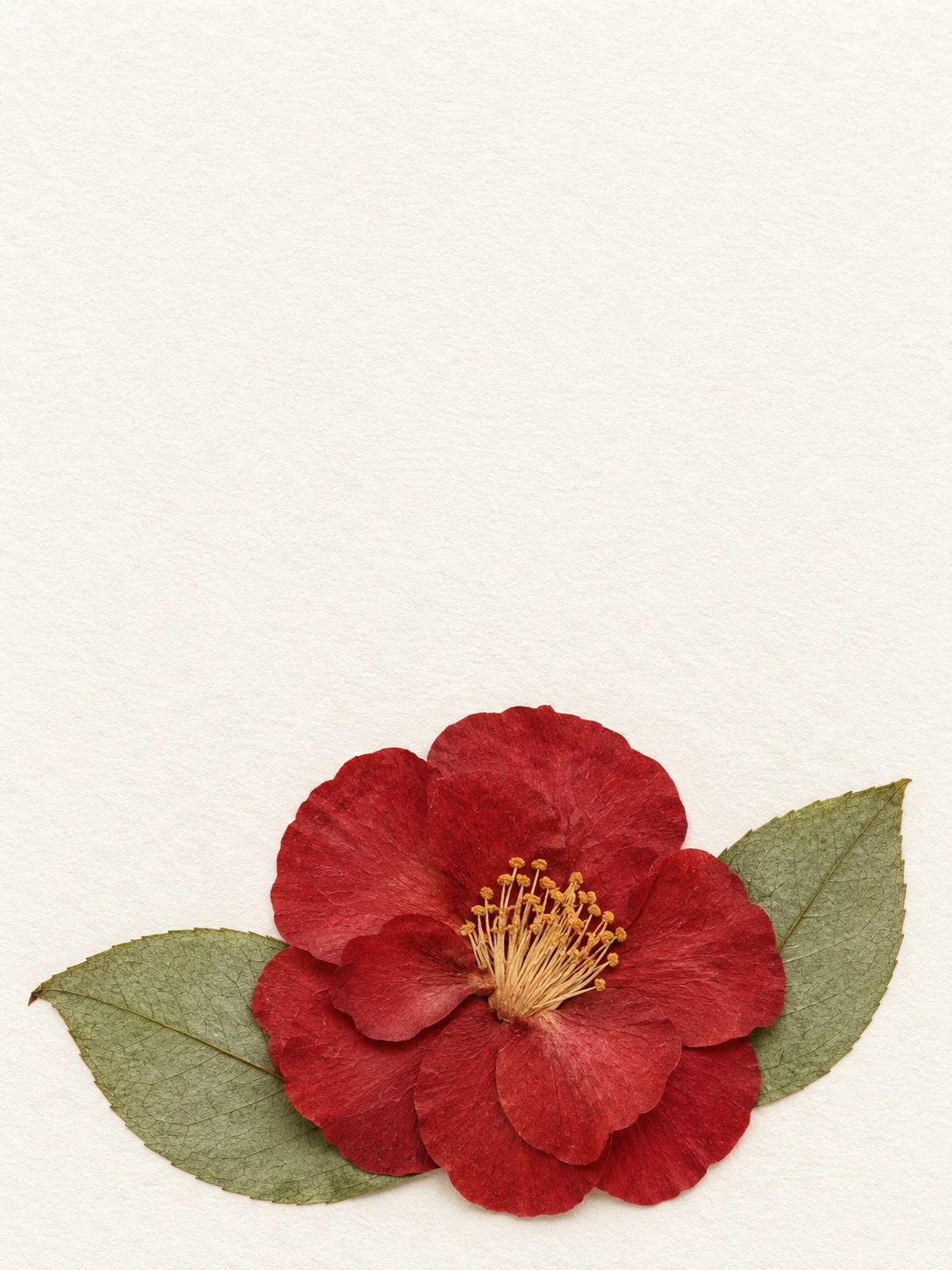 A pressed red camellia with two veined green leaves on ivory paper.