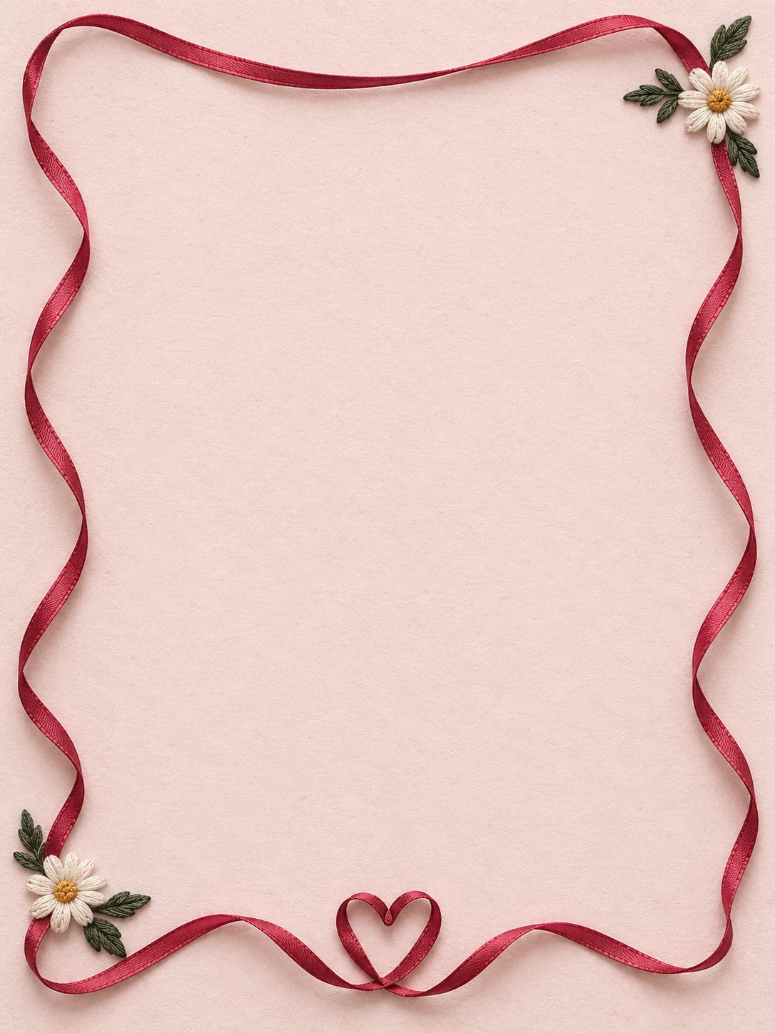 A raspberry silk ribbon, a small ribbon heart and two embroidered daisies frame blush cotton paper.